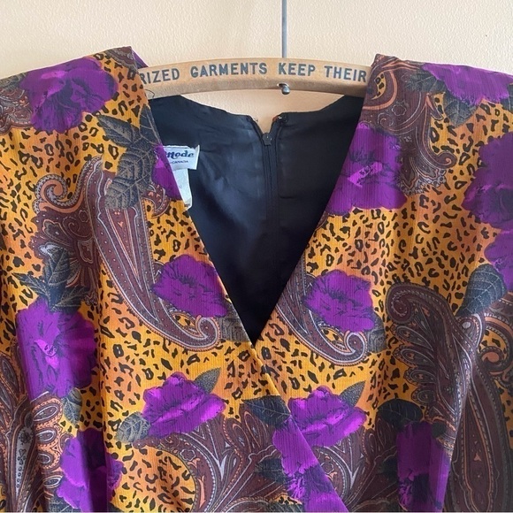 Vintage 80s Nu Mode V Neck Faux Wrap Back Zip Animal Print Shoulder Pads Size L - Picture 6 of 13